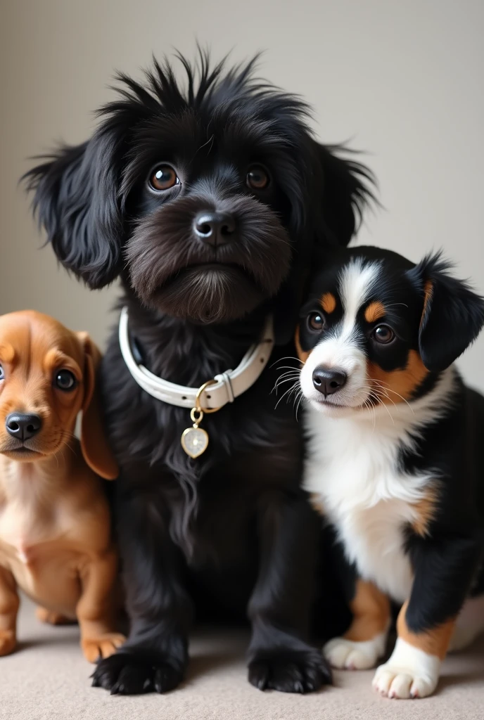 Create an image of a black shitzu dog with a white collar next to a light brown dachshund and a black and white cat 