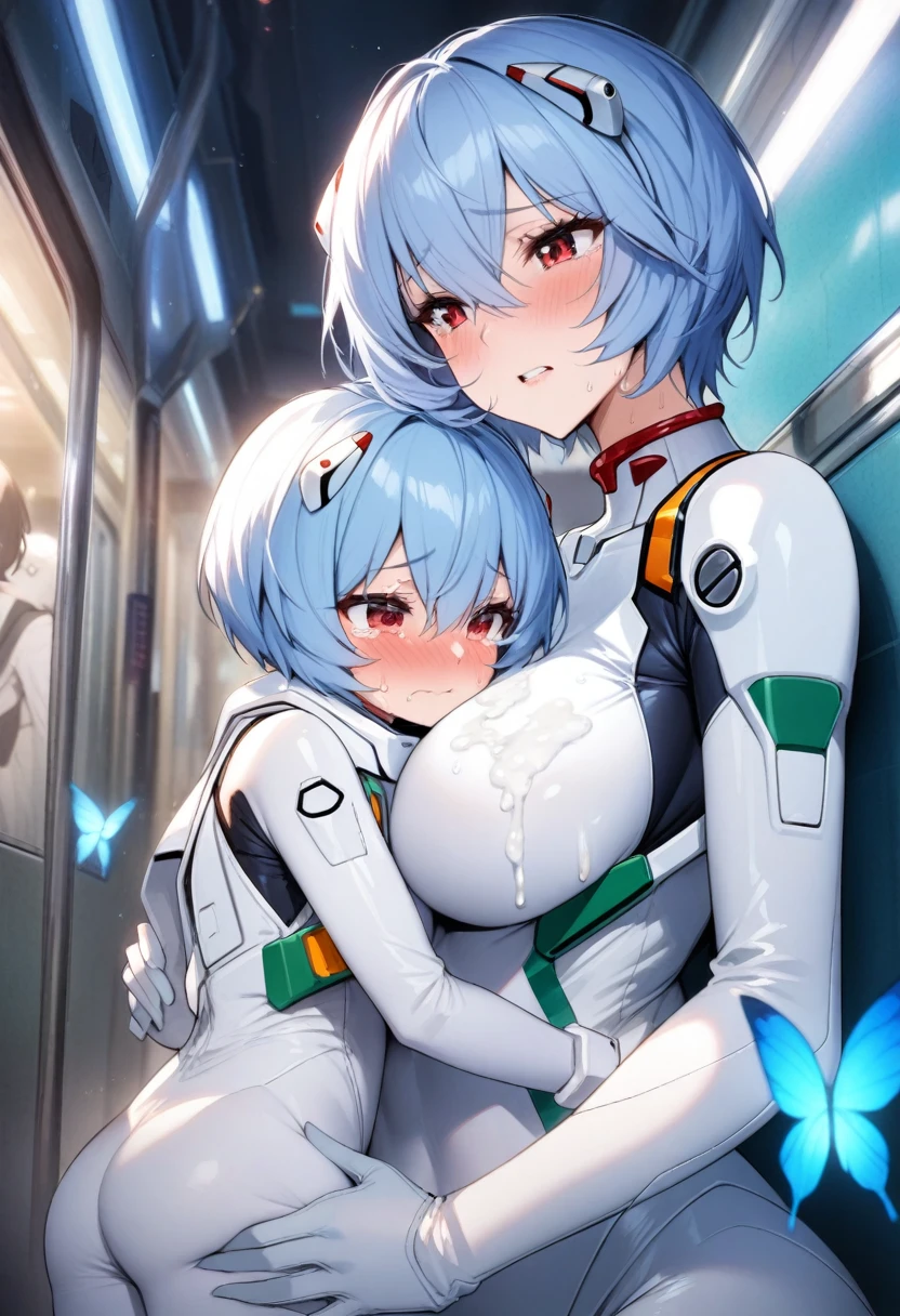 (mother and daughter, age_difference,size_difference), listening to the heartbeat , hugging each other,(Cum on body), embarrassed,blush,tears in eyes, sweat, , masterpiece, best quality, very aesthetic, absurdres, ,Ayanami Rei,white bodysuit,red eyes,pilot suit,short hair,blue hair,bangs,interface headset,turtleneck,hair between eyes,in subway,luminous butterflies, fluttering butterflies,