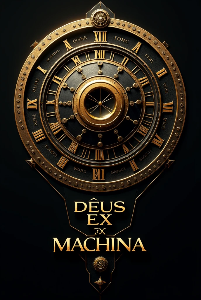 Design text "Deus ex Machina", must have this text, with time travel style, elegant and sophisticated, main color is gold, 