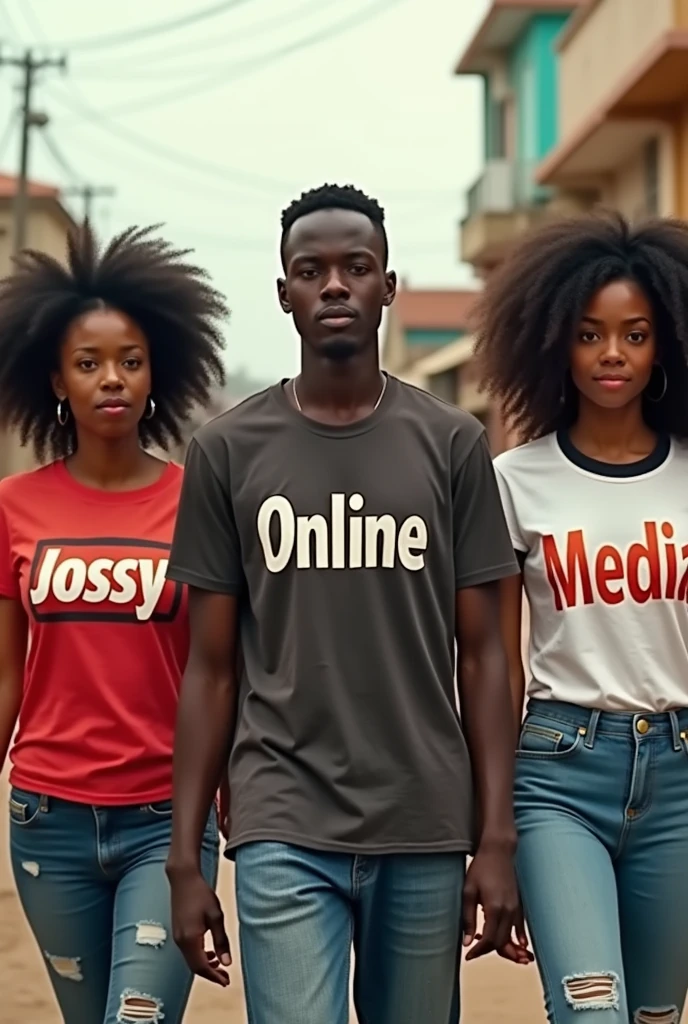 A photo of three African walking two ladies and a youthful man at the center of girls, first girl wearing a t-shirt written Jossy middle man wearing t-shirt written Online and the other girl written Media