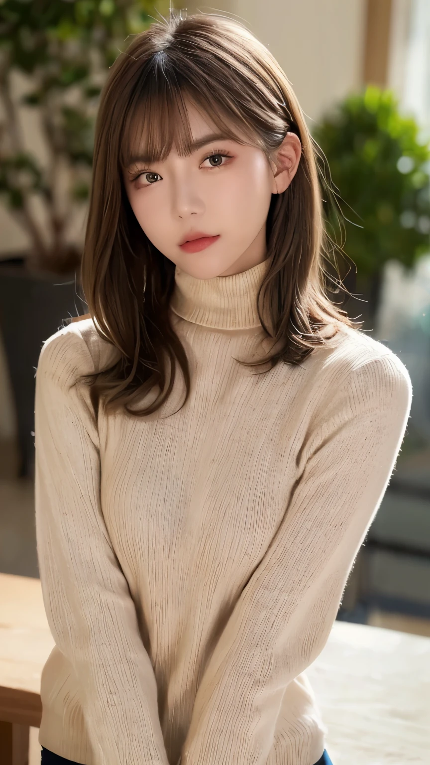 (masterpiece:1.5)、(realistic:1.5)、(best quality:1.4、8k、RAW photos)、
ultra high resolution、professional lighting、Complete dynamic configuration、inside、
film grain、chromatic aberration、(bokeh:1.1)、
candid、elaborate、attractiveness、초realistic、high detail、golden ratio、
(1 girl)、slim girl、繊細でattractiveness女の子、cute lady:1.4、
serious expression、looking at viewer、
light brown hair、shiny hair、Random cute hairstyles、
Looks like real skin、
shut your mouth、good eyes、double eyelid、thin arms、
(wearing a red turtleneck sweater)