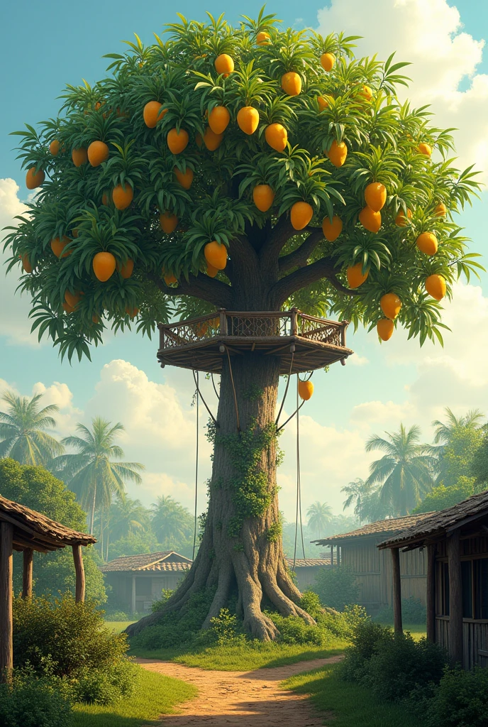 A large mango tree with mango branches in a morning village and thare is a wooden floor in top of the tree