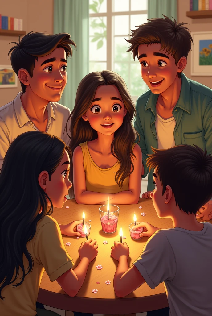 Carlos , Melissa, yeiner, Frank and Anderson get together to celebrate the success of their friends and acquaintances. They all feel proud of having learned the importance of responsibility. Yeiner is 14 years old and Frank is 9 years old. They both have straight hair., Melisa is brunette and is 16 years old, Carlos is 19 years old and Anderson is 34 years old.