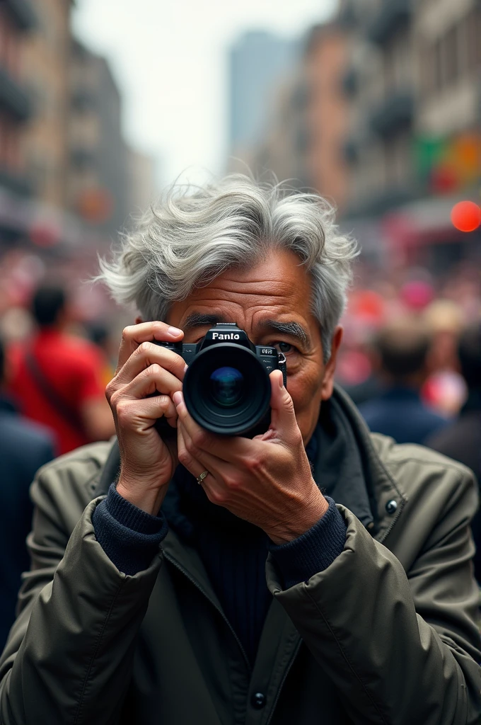 Gray haired male photographer taking photos at a parade with the camera lens covered