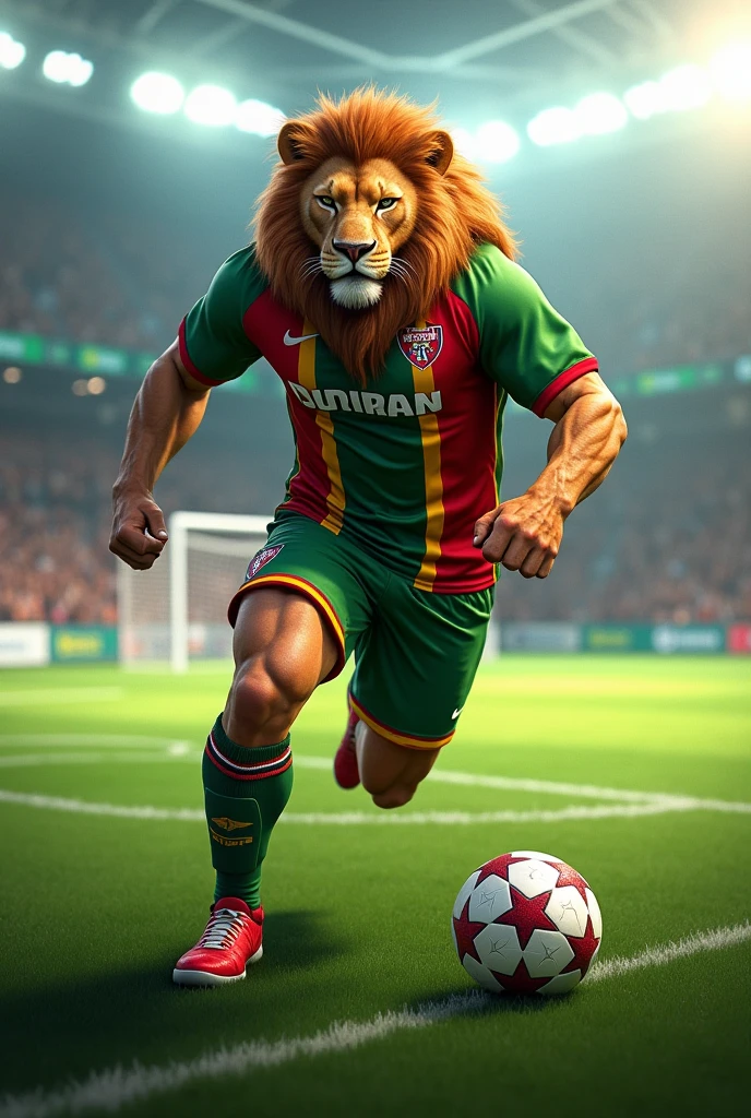 Create a muscular lion playing soccer. The lion should have a strong, athletic appearance, with well-defined muscles. He must be wearing a football uniform in green, red and yellow. The pose must be still, the action of playing football. The background should be a detailed football field, with an intense game atmosphere