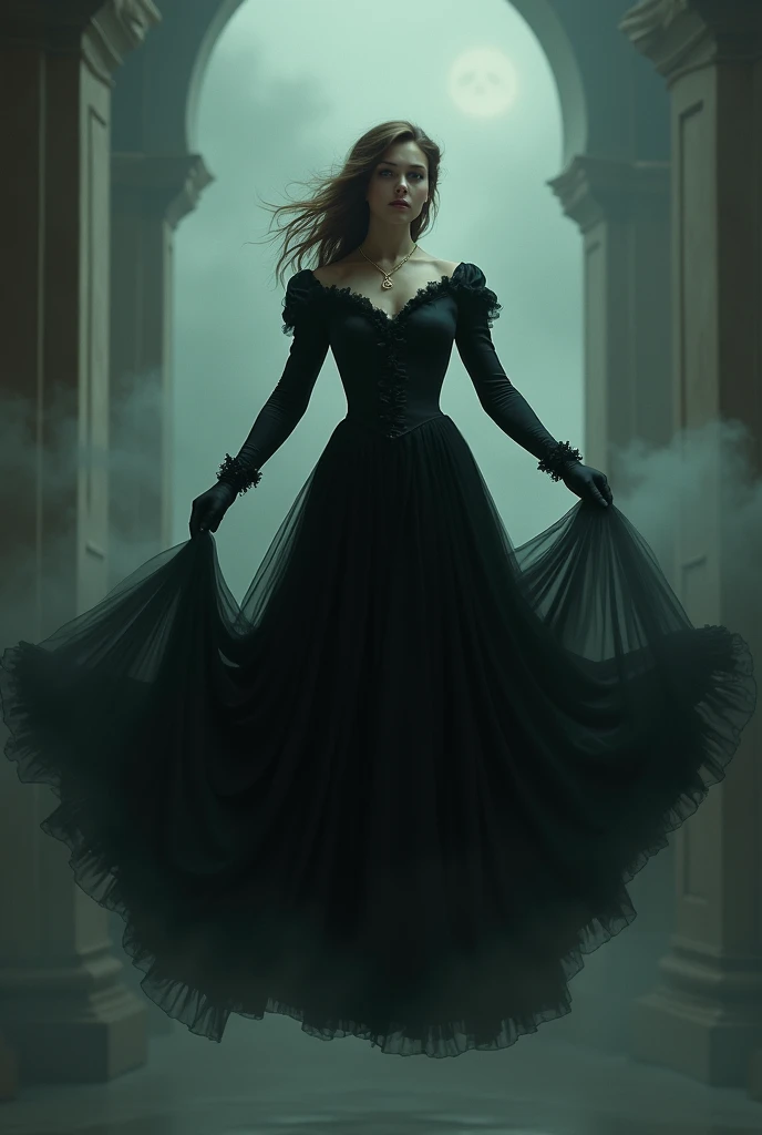 A brown-haired, fair-skinned European woman wearing a black Victorian dress is floating in the air, looking scary.