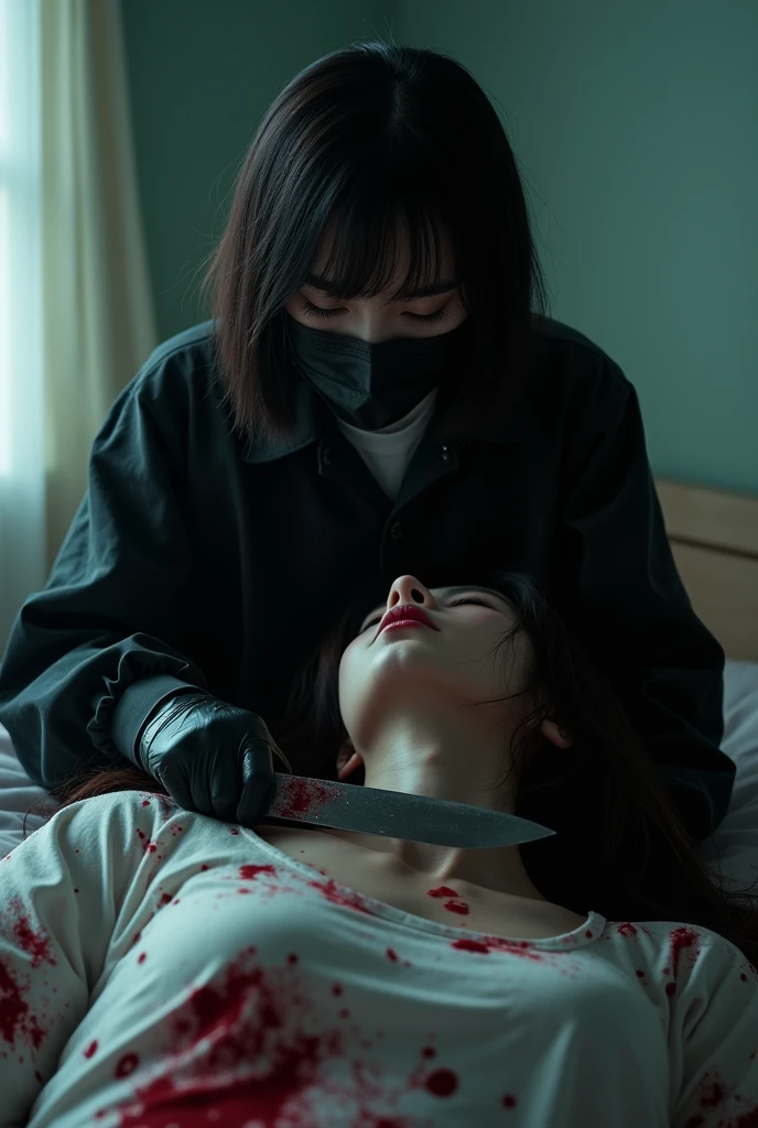 korean girl, (behind corpse, holding knife), black surgical mask, black gloves, room full of blood, black raincoat, holding knife, black gloves, woman on top, behind corpse, blood splatter, on the bed, mass murderer, killer, short hair, blood splatter, dark atmosphere, cinematic lighting, atmospheric realistic, light from the window, close-up,
