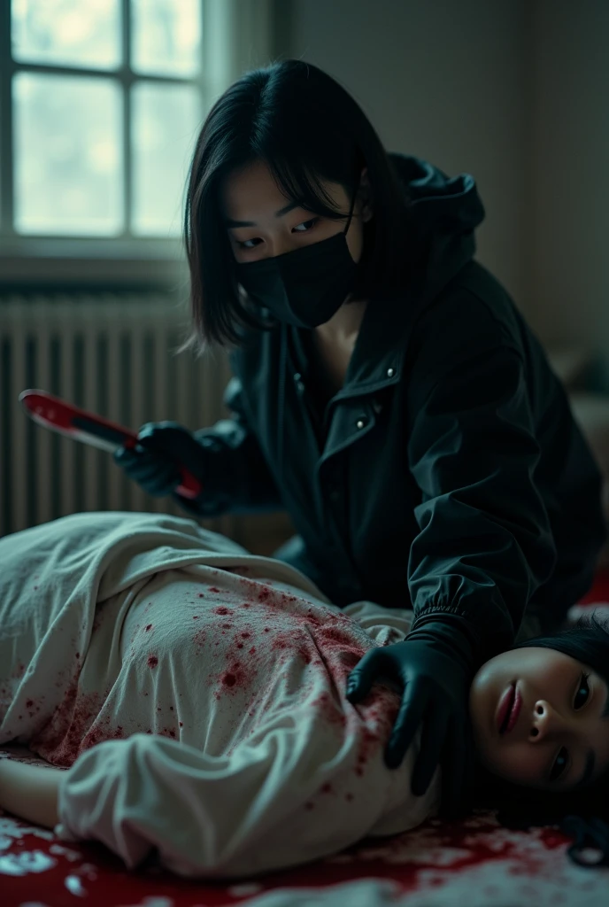 korean girl, (behind corpse, holding knife), black surgical mask, black gloves, room full of blood, black raincoat, holding knife, black gloves, woman on top, behind corpse, blood splatter, on the bed, mass murderer, killer, short hair, blood splatter, dark atmosphere, cinematic lighting, atmospheric realistic, light from the window, close-up,
