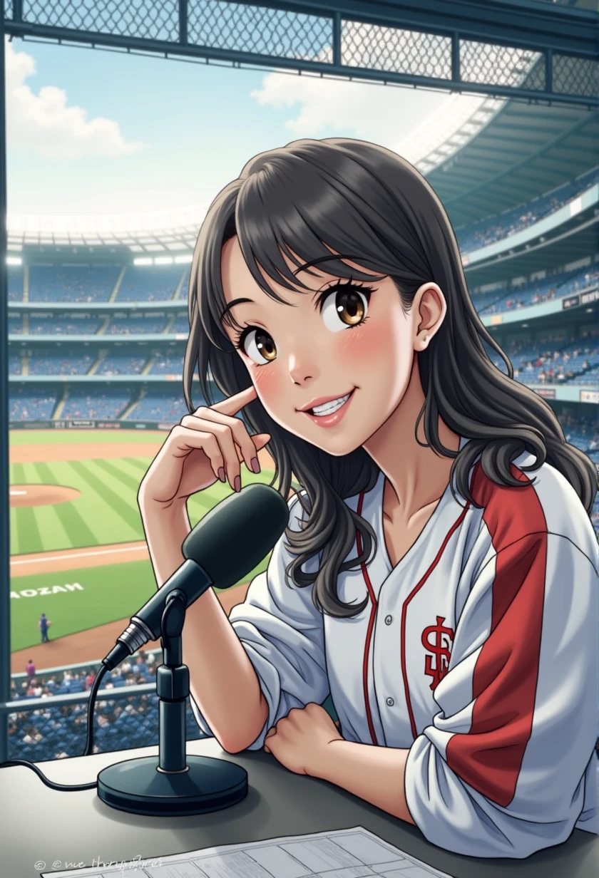Woman sitting at a desk in front of a microphone, Instagram, Shinhanga, baseball stadium during a game, bright atmosphere, Tokyo Dome, covered!!, official media, Akira Toriyama, lightning!! (((photo, photorealism)))