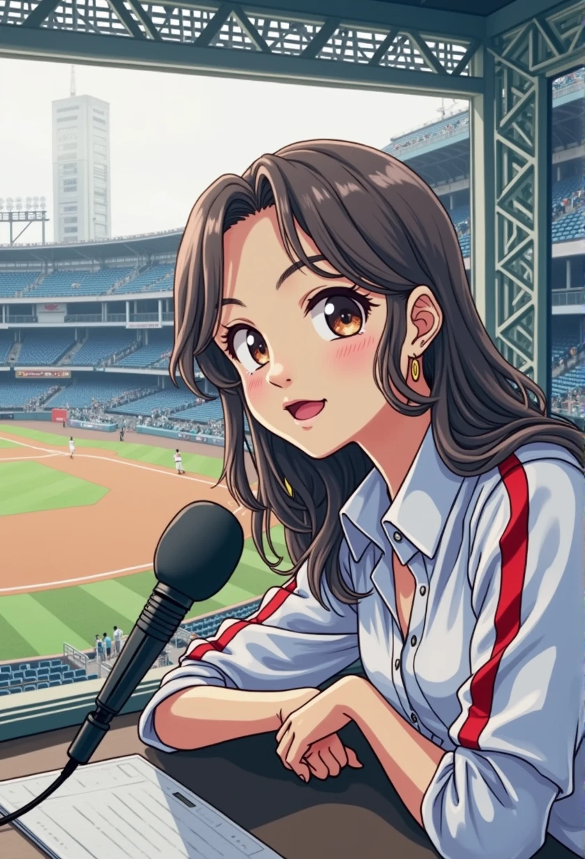 Woman sitting at a desk in front of a microphone, Instagram, Shinhanga, baseball stadium during a game, bright atmosphere, Tokyo Dome, covered!!, official media, Akira Toriyama, lightning!! (((photo, photorealism)))