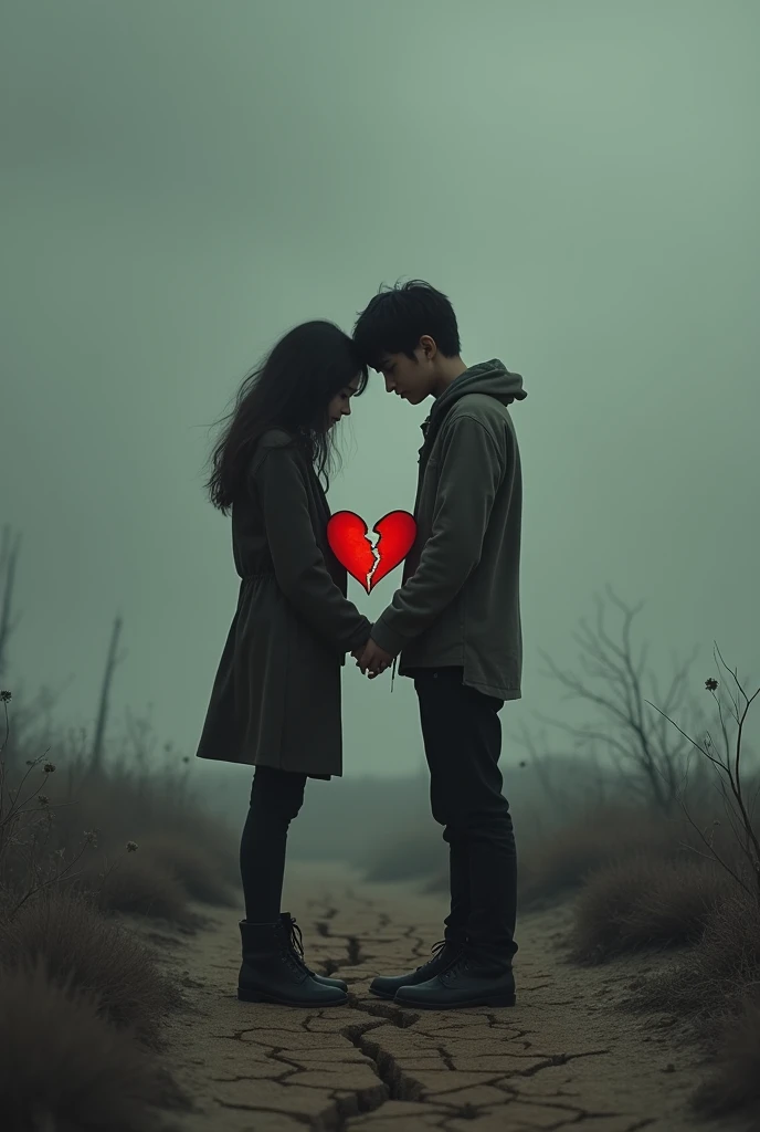 Image of a sad for a sad boyfriend and girlfriend
Standing in a desolate landscape, holding a broken heart

