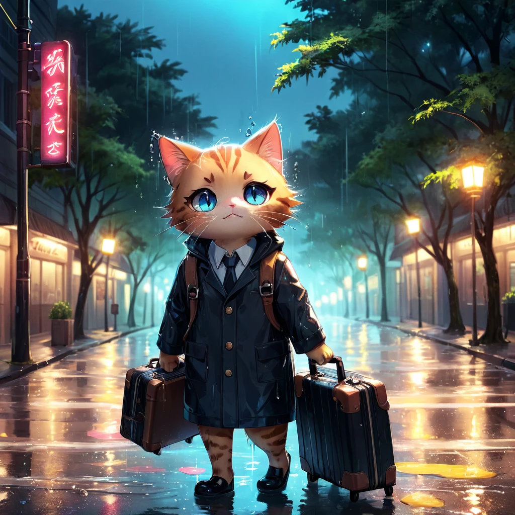 “Creates an image of an anthropomorphic feline character, resembling a cat, watery eyes, rosy cheeks, soaked eyelashes, emotional expression, intense sadness, tears, realistic textures, very refined details, holding his suitcase full of things, walking alone down the street , trees with low light. Around him, the cat has a neon light effect.