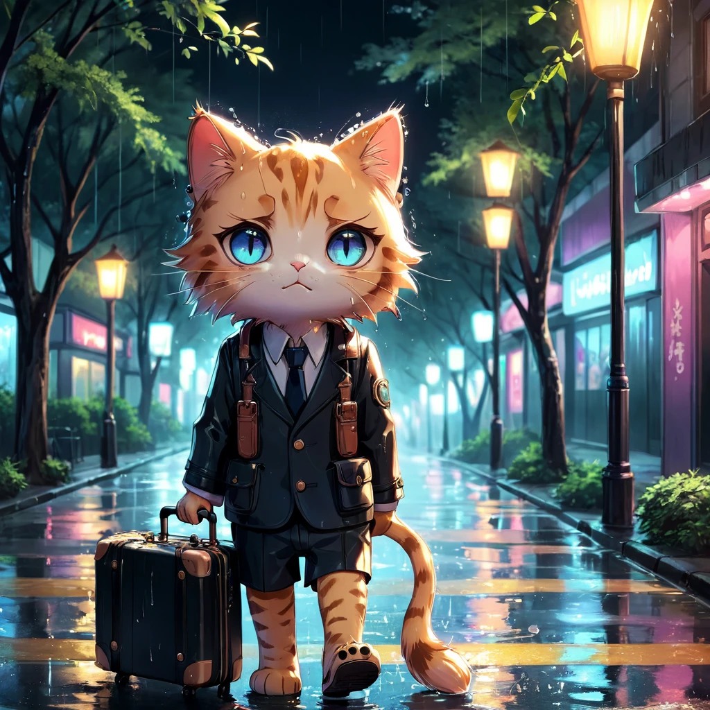 “Creates an image of an anthropomorphic feline character, resembling a cat, watery eyes, rosy cheeks, soaked eyelashes, emotional expression, intense sadness, tears, realistic textures, very refined details, holding his suitcase full of things, walking alone down the street , trees with low light. Around him, the cat has a neon light effect.