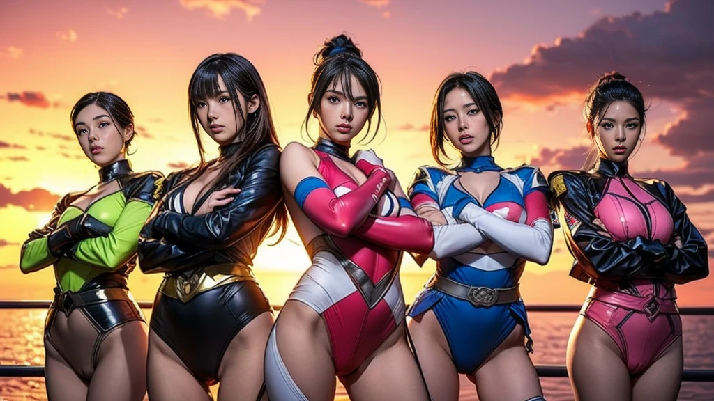 A brave and courageous image of a five-member ranger team, Each one is decorated in vibrant colors.、:: vivid pink,  red, black, Fluorescent Blue, Shocking Yellow. エネルギーと勇気を醸し出す背景でのdynamicなPause, Embodying the essence of the classic Sentai superhero team. Each Ranger:: The clothes are sophisticated and modern, Each color has elements that reflect its theme., Ready for action. dynamic　Pause, Fighting pose, ((Camel Toe)), neon, sunset, fire, flash, back light, plasma,