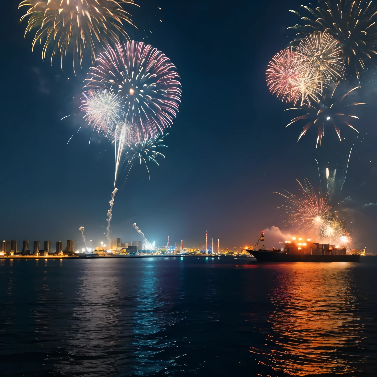 Town、Ocean、Industrial Zone、night、firework、複数のfirework、island、freighter