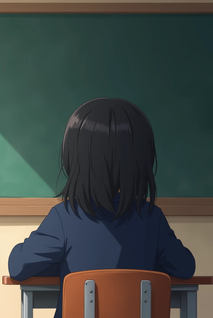 Can you imagine ANIME style a girl with black hair down to not so long without bangs down to her back a little chubby with navy blue sweatshirt clothes sitting at her desk looking at the blackboard