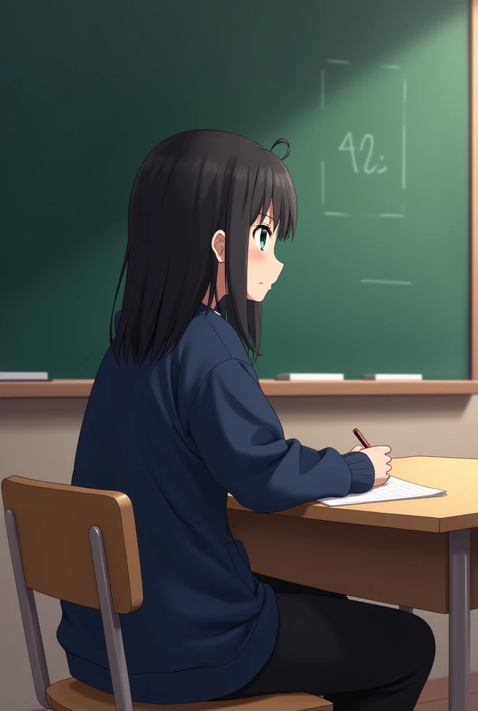 Can you imagine ANIME style a girl with black hair down to not so long without bangs down to her back a little chubby with navy blue sweatshirt clothes sitting at her desk looking at the blackboard