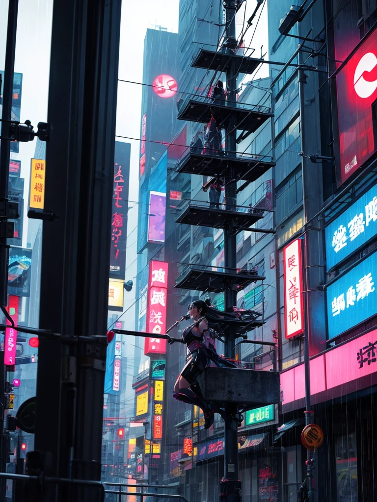A beautiful Japanese pole dancer dressed in cyberpunk style、Hanging from a pole in the rain, singing to the sky。