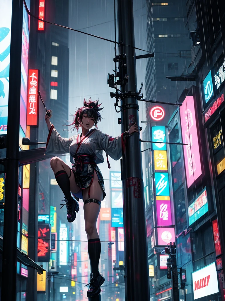 A beautiful Japanese pole dancer dressed in cyberpunk style、Hanging from a pole in the rain, singing to the sky。