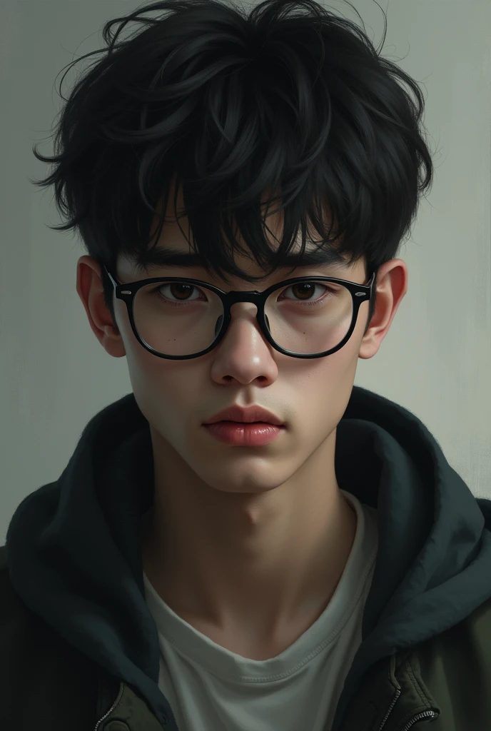 can you make for me a guy doesn’t have dad so he cry so much but Let's add more details that he's thinking about his father and even let him wear glasses
