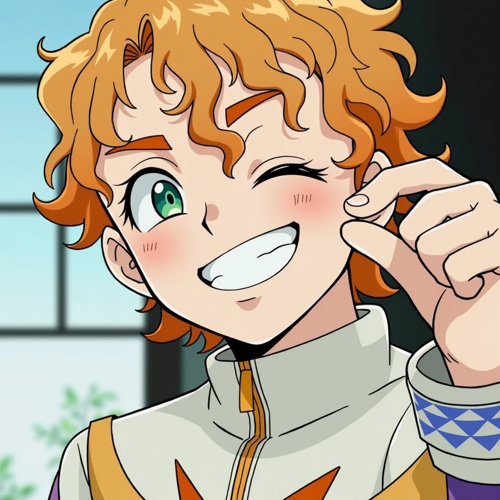 White Character with Orange Wavy Hair, greeneyes, smiling, Orange goatee under the chin, stylish orange and purple clothes,With blue air jordan sneakers.