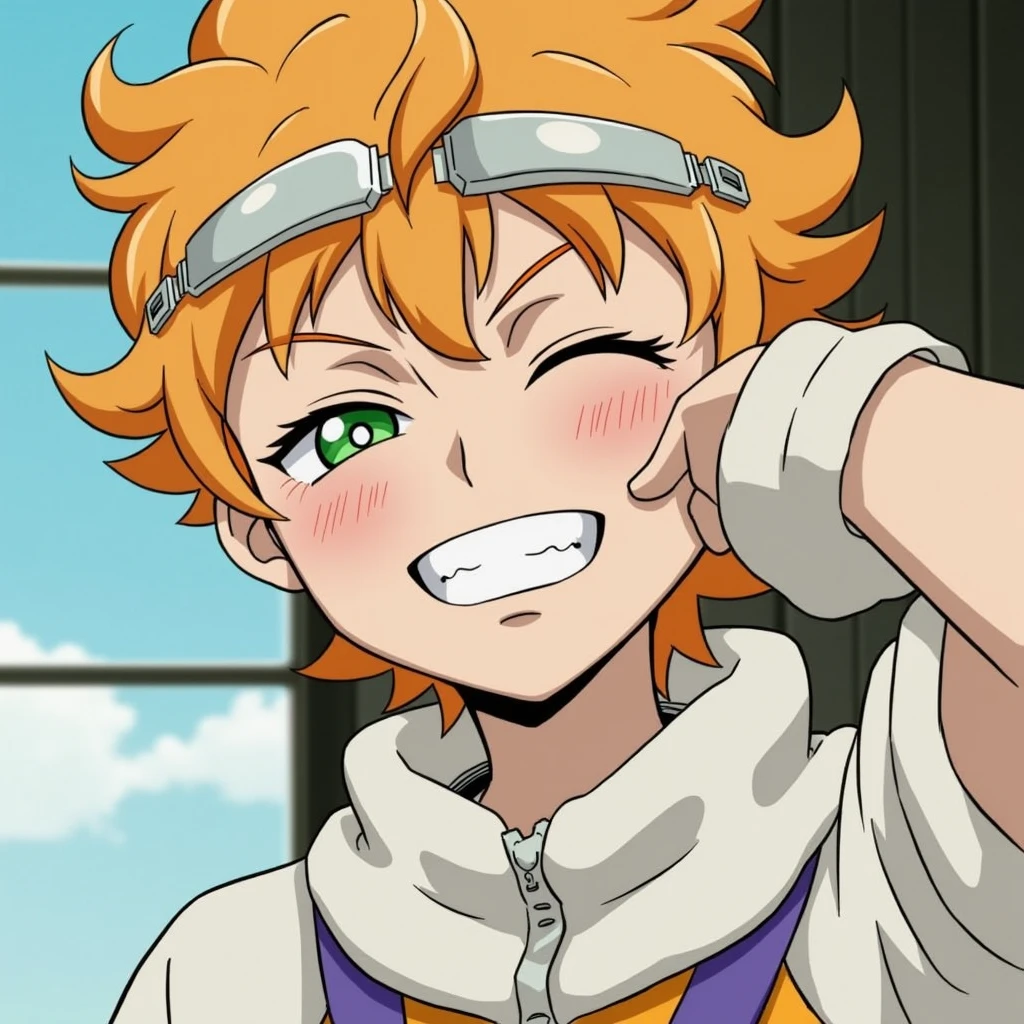 White Character with Orange Wavy Hair, greeneyes, smiling, Orange goatee under the chin, stylish orange and purple clothes,With blue air jordan sneakers.