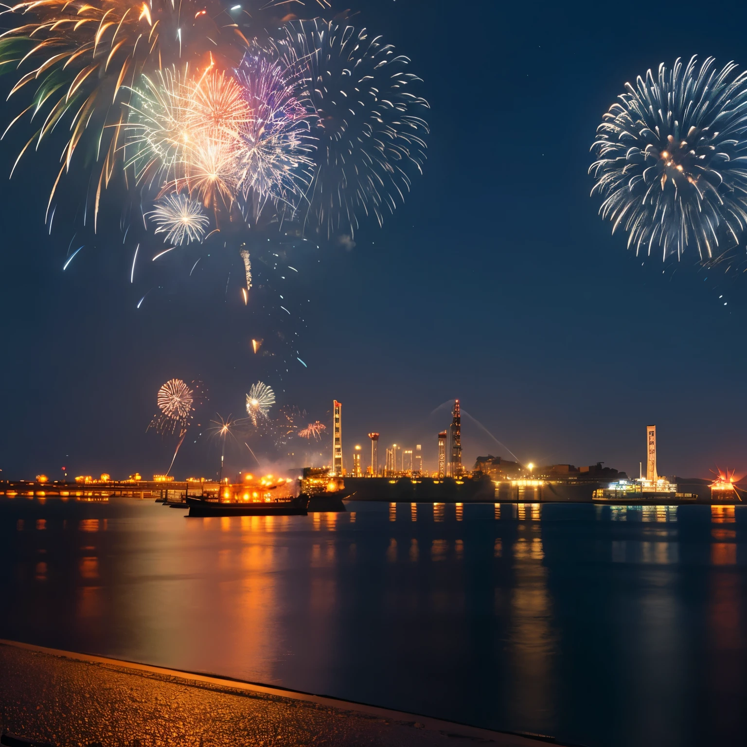 Town、Ocean、Industrial Zone、night、firework、複数のfirework、island、freighter