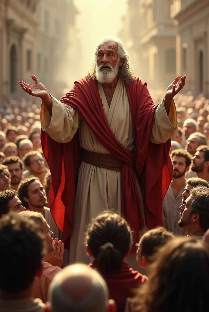 Paul, now old, preaching the love of God to the crowd