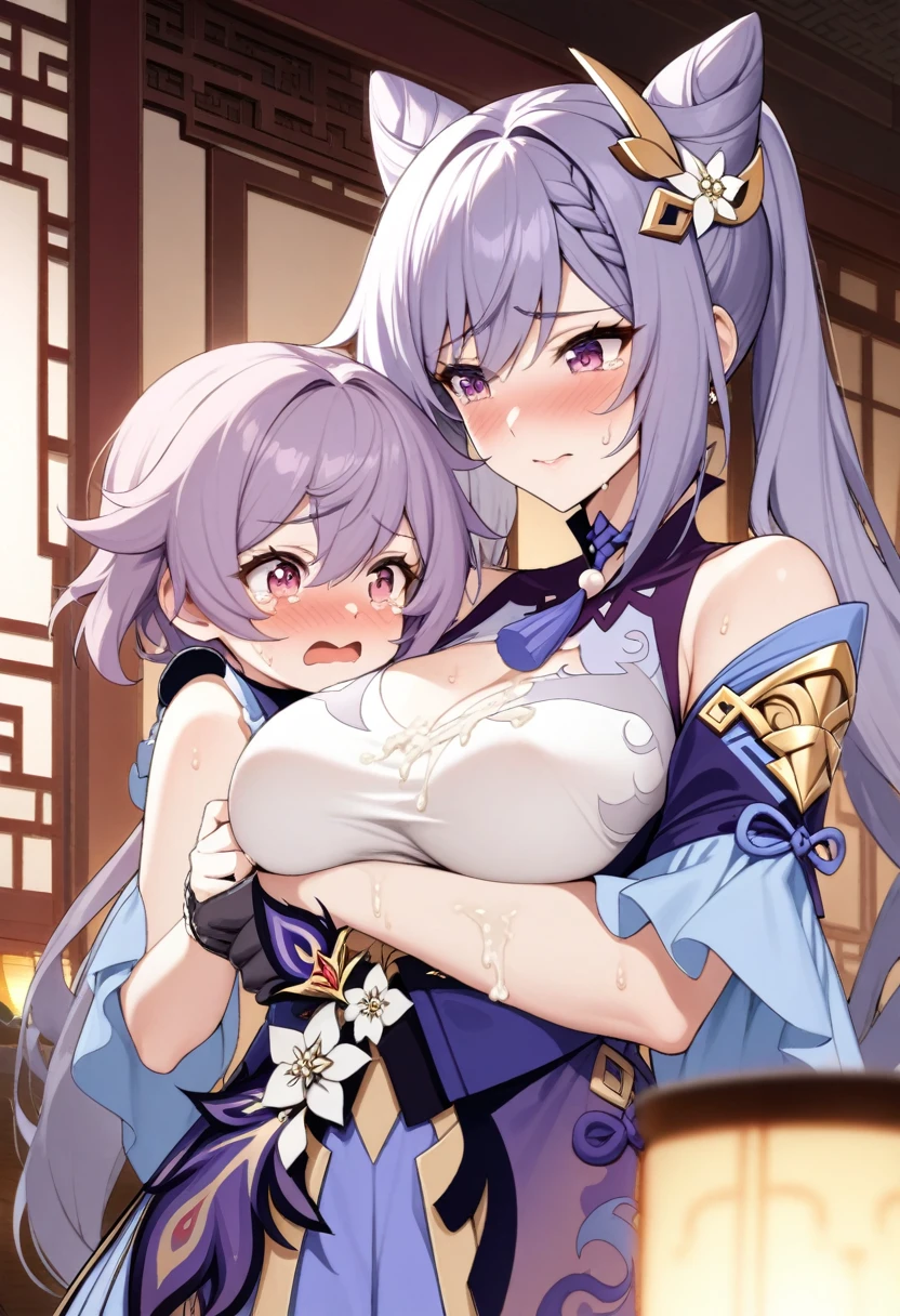 (mother and daughter, age_difference,size_difference), listening to the heartbeat , hugging each other,(Cum on body), embarrassed,blush,tears in eyes, sweat, , masterpiece, best quality, very aesthetic, absurdres, ,keqing,keqing(genshin impact), purple hair,purple eyes,lozenge pupil,diamond eyerings,twintails,medium breasts,bun,bang,in a traditional chinese room,glowing stardust frontground,fantasy,sparkling,fireflies,