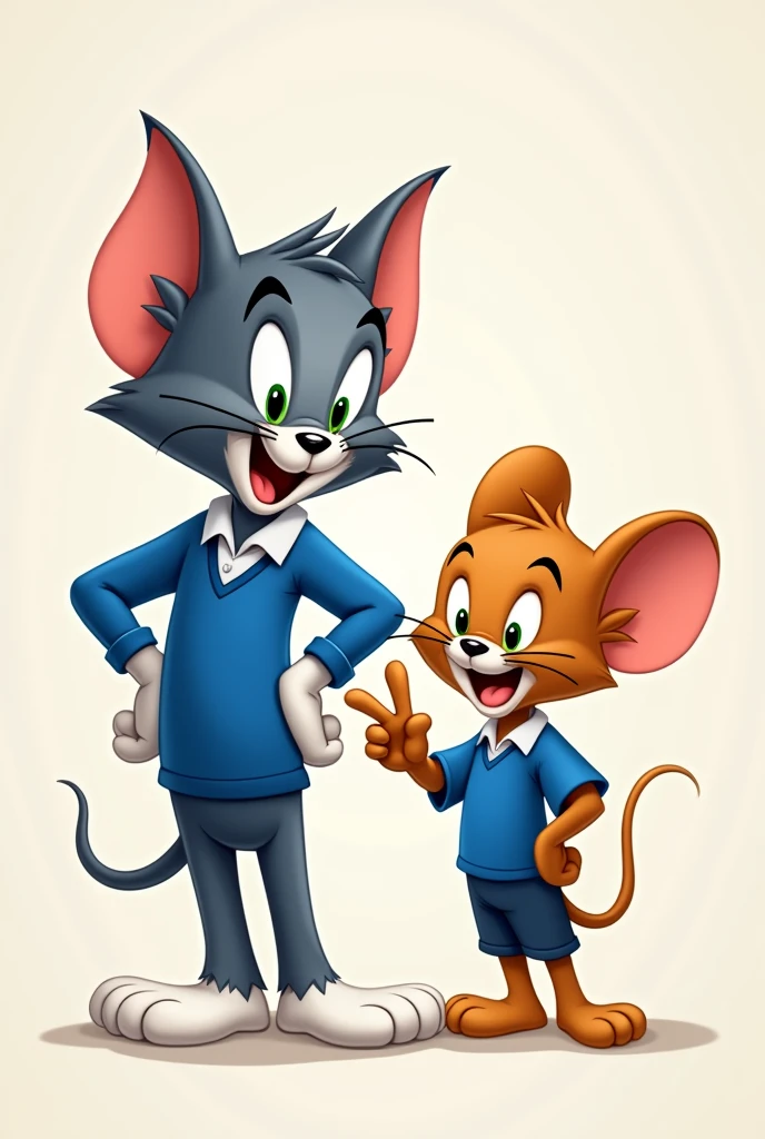 First tom takes a cool pose while twin tom makes peace sign pose from cartoon tom and jerry both wearing blue school uniforms