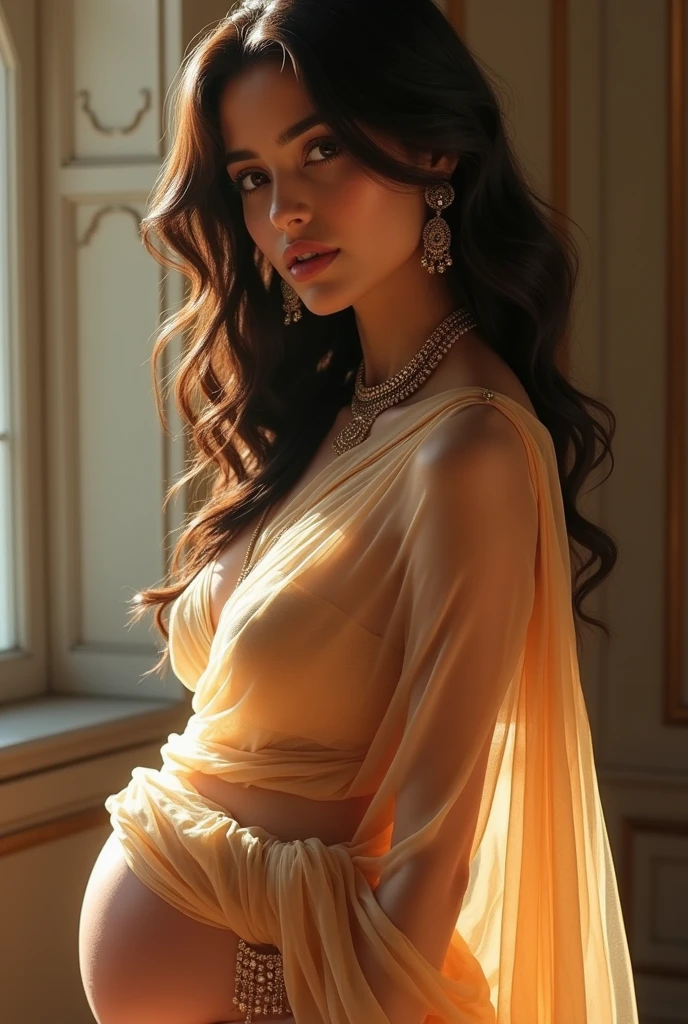 Best quality, masterpiece, detailed, perfect face,  beautiful indian women, thin saree, large breast open