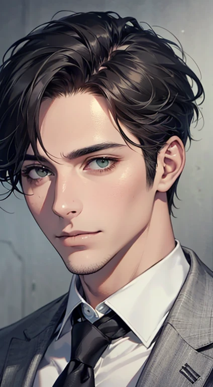 (Highest quality,4K,8K,High resolution,masterpiece:1.2),Super detailed,(Realistic,photoRealistic,photo-Realistic:1.37),1 person,35 years old,Mature Men,Beautiful skin、very handsome,Expressionless,Short gray Black hair,green eyes,Sharp Eyes,A perfect face without a doubt,Businessman, CEO, Office Background,Cinema Lighting,HDR image,tie、