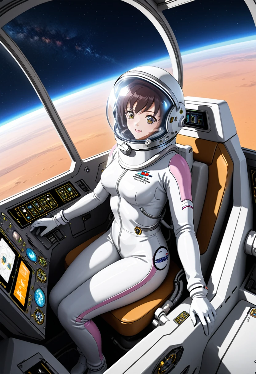 eva helm, spacesuit , astronaut), from above, bubble helmet, space helmet, wearing a (spacesuit:1.15), white cargo pants, (ugh, wtf do these buttons do:1.3), inside the cockpit of a (futuristic spaceship:1.1), sitting in the captains chair, (intricate control panels:1.3), (gleaming metal:1.1), surrounded by many buttons and dials and gauges, (smile:1.1), concerned, beautiful 8k wallpaper, highly advanced, (sleek design:1.3), intricate, highres, superb, 8k wallpaper, extremely detailed, intricate, short hair, ,,