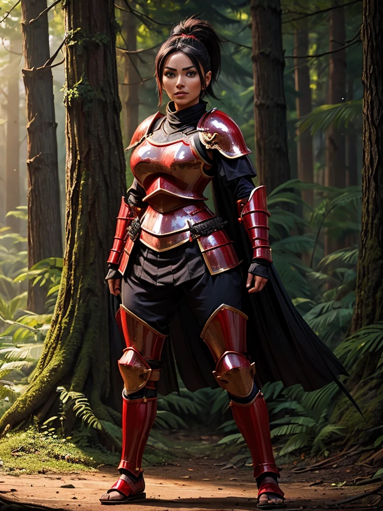 ((Kunoichi)), Indian, Indian Woman, big breasts, forest, (( sensual pose)), red and black armour, (( full body armour)),(( Knight Armour))