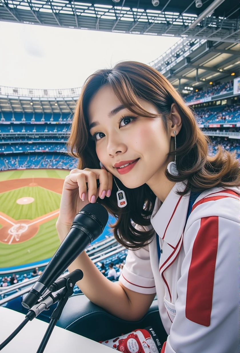 Woman sitting at a desk in front of a microphone, Instagram, Shinhanga, baseball stadium during a game, bright atmosphere, Tokyo Dome, covered!!, official media, Akira Toriyama, lightning!! (((photo, photorealism)))