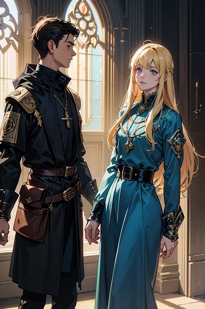 Setting: A university campus in a medieval setting with futuristic touches. The buildings are made of stone and wood, with gothic towers and windows, but adorned with holograms and neon lights that project mystical and digital symbols. Sturdy trees, with shiny leaves like circuits, surround the campus.
Characters: Two male young adventurers. The first is tall, wearing a medieval tunic with technological details, such as a belt with futuristic devices and a medallion that glows with digital lights. The second is lower, with a cover that has fiber optic inserts that glow softly. Both carry items that mix old and new, like a spell book with a built-in digital screen and a tool belt filled with cutting-edge gadgets.
Interaction: They are in the center of the frame, shaking hands in front of an old tower with antennas and technological devices on top. Friendly smiles and expressions of recognition of mutual skills mark the moment.
Additional Details: The sun sets in the background, and golden rays lightly illuminate the devices they carry, creating a contrast between rustic and modern. In the distance, other medieval/futuristic students walk around the campus, some carrying rustic tablets, others with wands that emit holographic lights.