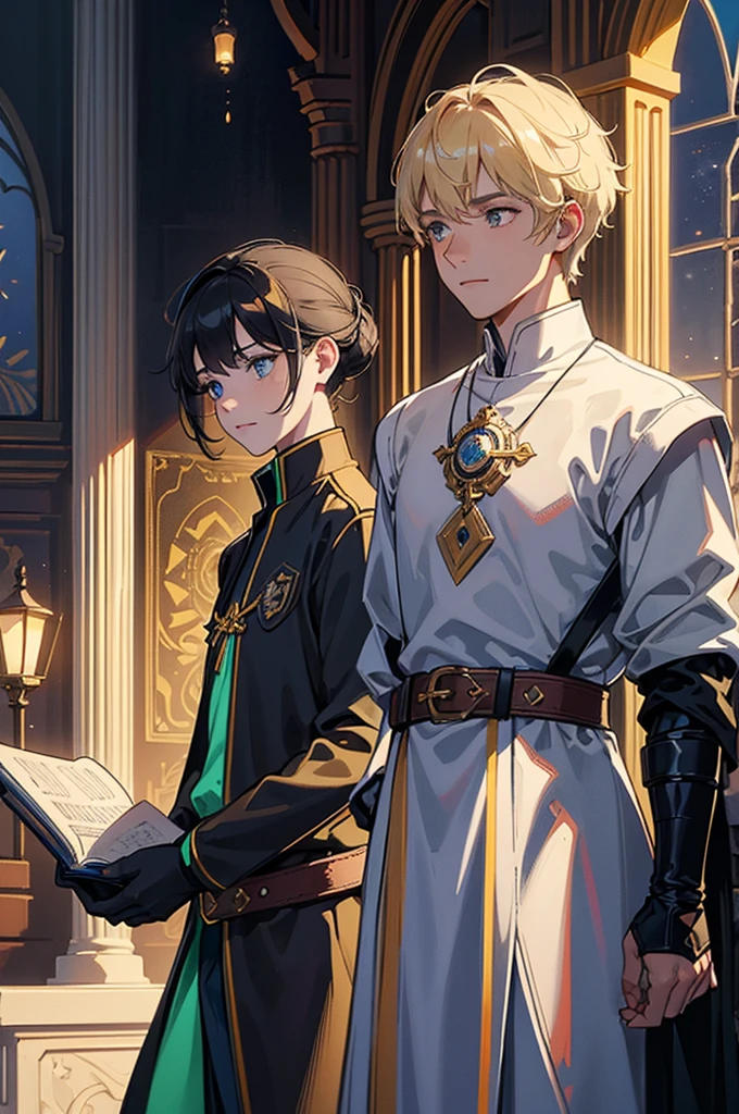 Setting: A university campus in a medieval setting with futuristic touches. The buildings are made of stone and wood, with gothic towers and windows, but adorned with holograms and neon lights that project mystical and digital symbols. Sturdy trees, with shiny leaves like circuits, surround the campus.
Characters: Two male young adventurers. The first is tall, wearing a medieval tunic with technological details, such as a belt with futuristic devices and a medallion that glows with digital lights. The second is lower, with a cover that has fiber optic inserts that glow softly. Both carry items that mix old and new, like a spell book with a built-in digital screen and a tool belt filled with cutting-edge gadgets.
Interaction: They are in the center of the frame, shaking hands in front of an old tower with antennas and technological devices on top. Friendly smiles and expressions of recognition of mutual skills mark the moment.
Additional Details: The sun sets in the background, and golden rays lightly illuminate the devices they carry, creating a contrast between rustic and modern. In the distance, other medieval/futuristic students walk around the campus, some carrying rustic tablets, others with wands that emit holographic lights.
