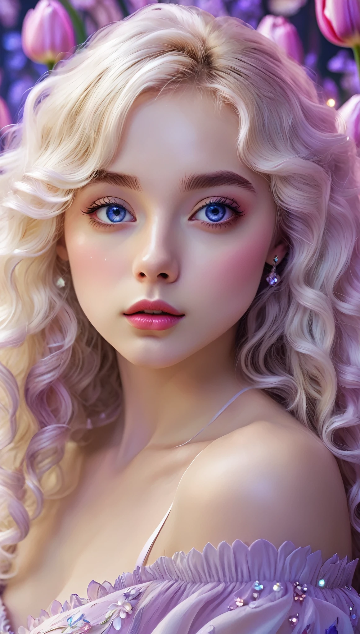 masterpiece，Dazzling colorful lights，Extremely detailed，A girl，big eyes，tulip，Extra long curly hair，White-blond hair，A fascinating adventure，Radiant Lips，Close-up of face，Off-shoulder，Dreamy and beautiful，The rich colors of the characters，Delicate brushstrokes，wallpaper，Lilac background，Anime Aesthetics,