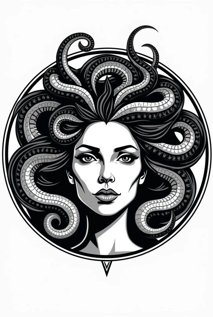 medusa, woman head logo. Vector illustration of female face inside a greece-type circle in black lines with snakes with black and white heads