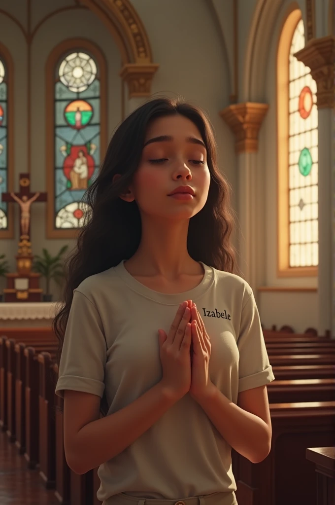 Young woman worshiping God in church with a shirt that says Izabelle