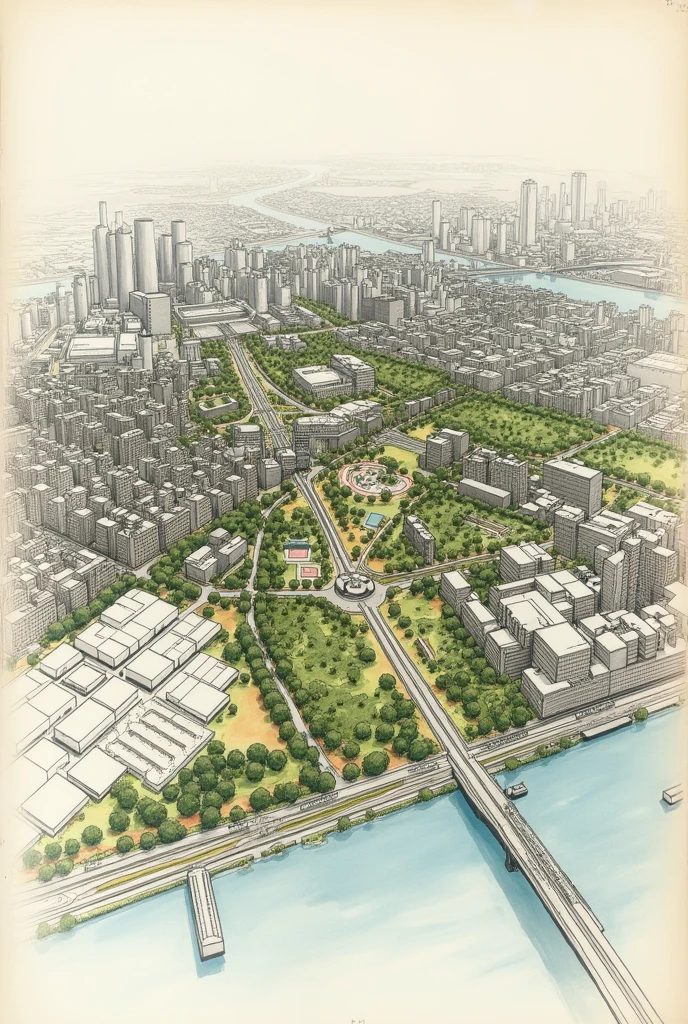 County of London Plan Visualization:

A sketch showing the zoning of London into distinct areas for housing, industry, and recreation, with emphasis on the improvement of transportation networks and the inclusion of parks and green spaces.