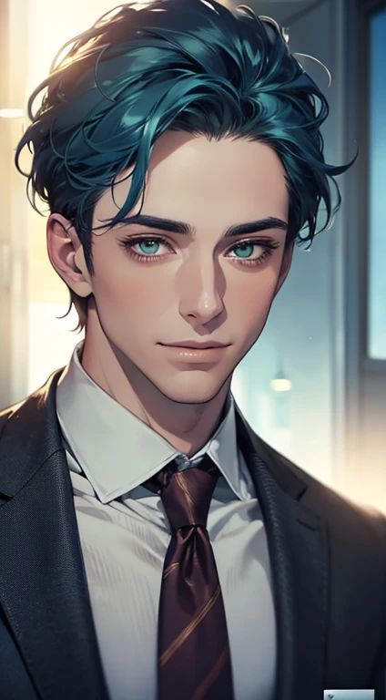 (Highest quality,4K,8K,High resolution,masterpiece:1.2),Super detailed,(Realistic,photoRealistic,photo-Realistic:1.37),1 person,34 years old,Mature Men,Beautiful skin、very handsome,Expressionless smile in love,Short blue hair,green eyes,Sharp Eyes,A perfect face without a doubt,Businessman, CEO, Office Background,Cinema Lighting,HDR image,tie、