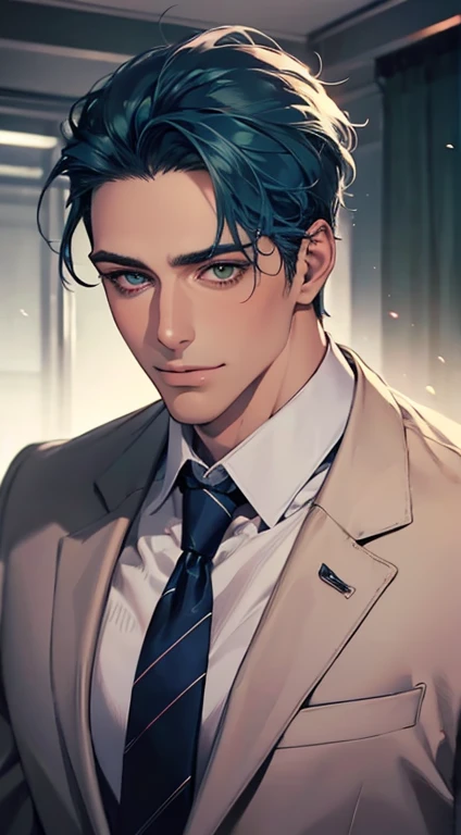 (Highest quality,4K,8K,High resolution,masterpiece:1.2),Super detailed,(Realistic,photoRealistic,photo-Realistic:1.37),1 person,34 years old,Mature Men,Beautiful skin、very handsome,Expressionless smile in love,Short blue hair,green eyes,Sharp Eyes,A perfect face without a doubt,Businessman, CEO, Office Background,Cinema Lighting,HDR image,tie、