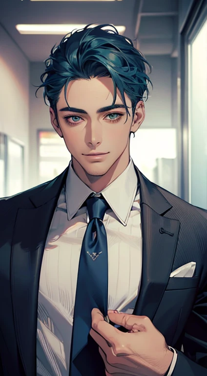 (Highest quality,4K,8K,High resolution,masterpiece:1.2),Super detailed,(Realistic,photoRealistic,photo-Realistic:1.37),1 person,34 years old,Mature Men,Beautiful skin、very handsome,Expressionless smile in love,Short blue hair,green eyes,Sharp Eyes,A perfect face without a doubt,Businessman, CEO, Office Background,Cinema Lighting,HDR image,tie、