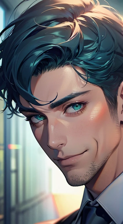 (Highest quality,4K,8K,High resolution,masterpiece:1.2),Super detailed,(Realistic,photoRealistic,photo-Realistic:1.37),1 person,34 years old,Mature Men,Beautiful skin、very handsome,Expressionless smile in love,Short blue hair,green eyes,Sharp Eyes,A perfect face without a doubt,Businessman, CEO, Office Background,Cinema Lighting,HDR image,tie、