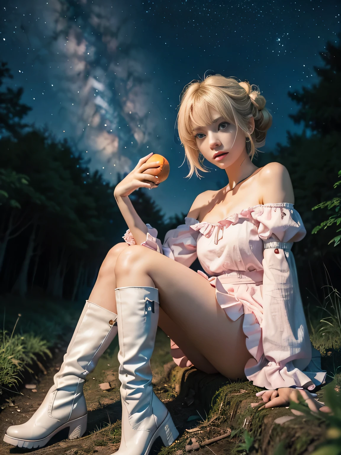 Anime girl with light blonde hair,With light blue eyes,Wearing a pink off-the-shoulder puff-sleeved dress and knee-high white boots,Sitting in the woods,Next to it is an orange mushroom,Surrounded by fireflies under the starry sky