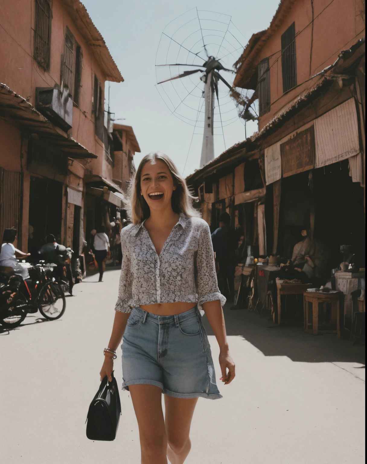 fille 27 ans, bionde (souriant:0.9) , (couleurs vives:0.8) , (blond hair flowing in the wind:0.8) (Haut du corps shot) (Dans les streetlles animées du souk de Marrakech, his laughter mingling with the chorus of merchants and the melodies:1|) (surrounded by many windmills) (80's_jiaopian, grain de film) (claquettes) , head of'artwork, realistic, best quality, Sexy woman, hair ornament, dark yellow jacket, sleeveless t-shirt, Haut du corps, smug, sky, street, night sky,