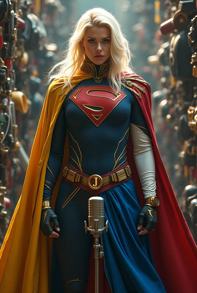 A superhero, wide collection, with a golden cape and brown hair called super Ebvo and that has white hair, a blue garment with white sleeves and a red belt with an initial of "J" gold and a microphone