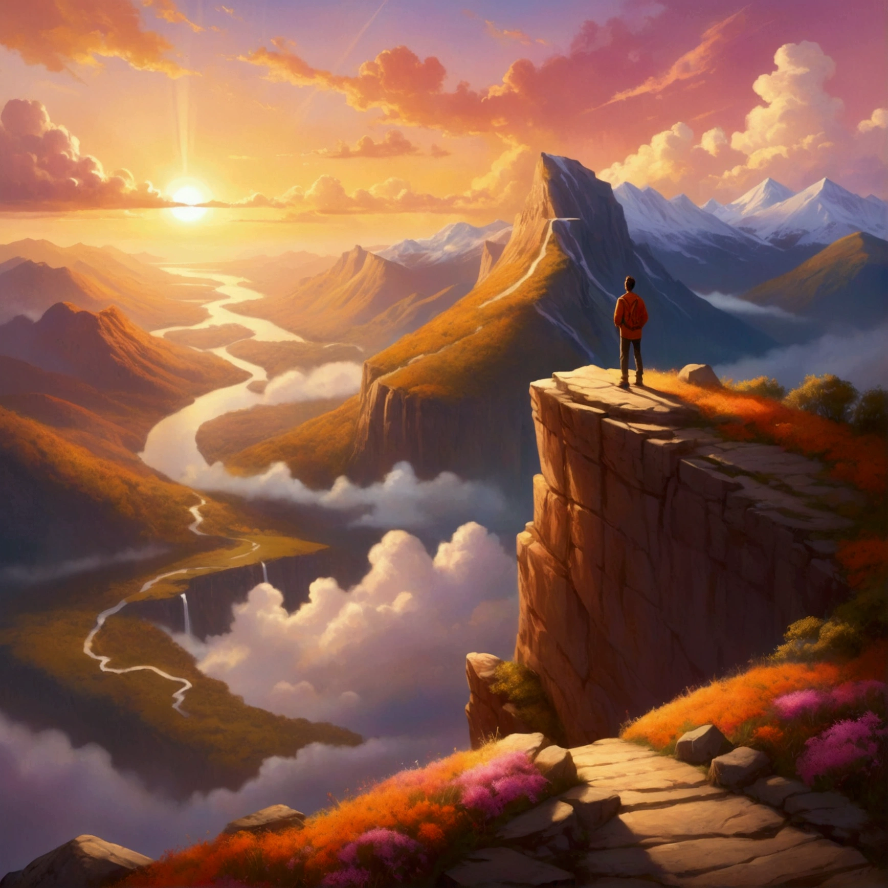 Prompt:
"Create an inspiring and vibrant illustration titled 'Visualize to Achieve Success.' The image should depict a person standing at the edge of a cliff, gazing out at a breathtaking sunrise over a vast landscape filled with mountains and valleys. The sky should be painted in warm hues of orange, pink, and gold, symbolizing hope and new beginnings. Surround the person with ethereal, glowing symbols of success such as trophies, books, and pathways leading to various achievements. The overall mood should evoke feelings of determination, ambition, and the power of visualization in achieving one's dreams." Feel free to adjust any elements to better fit your vision!