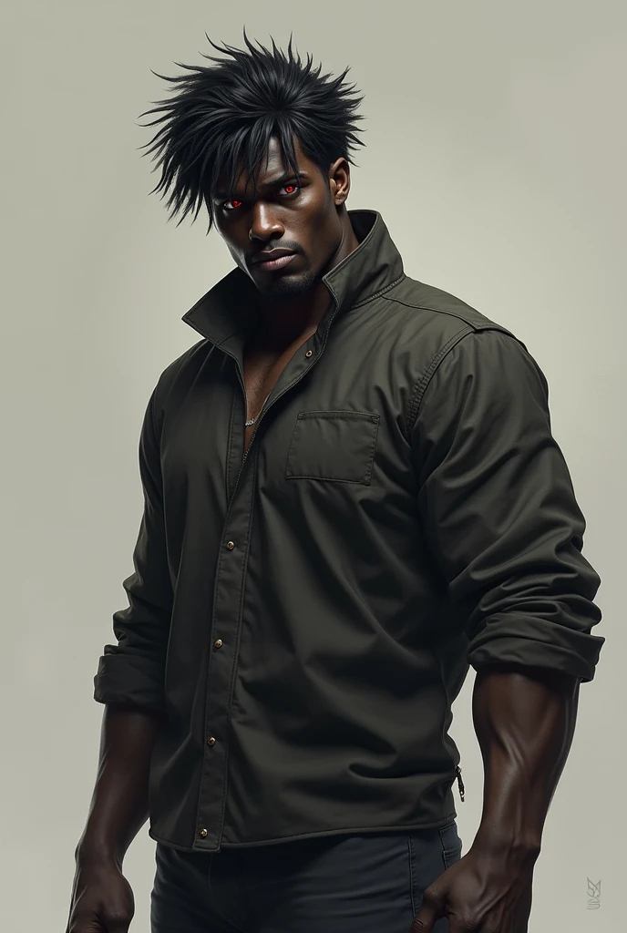 Black man, messy black hair, red eyes, physically strong and tall wearing casual clothes